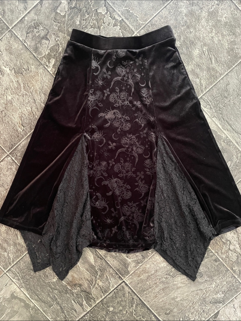 COSMIC AURA Black Velvet Lace Panel Pattern Whimsigoth Witchy Y2K Grunge Skirt